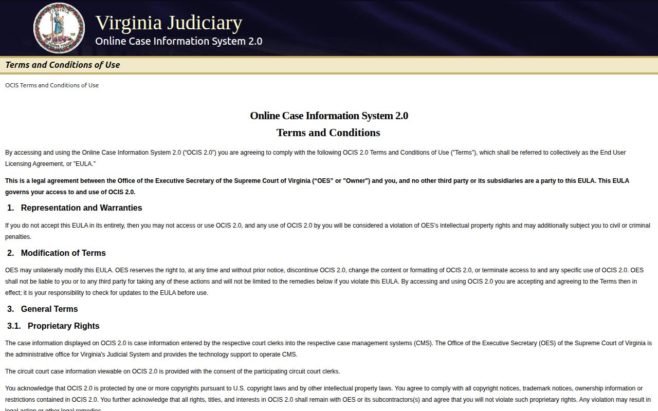 Virginia Online Case Information System adult criminal case search landing page