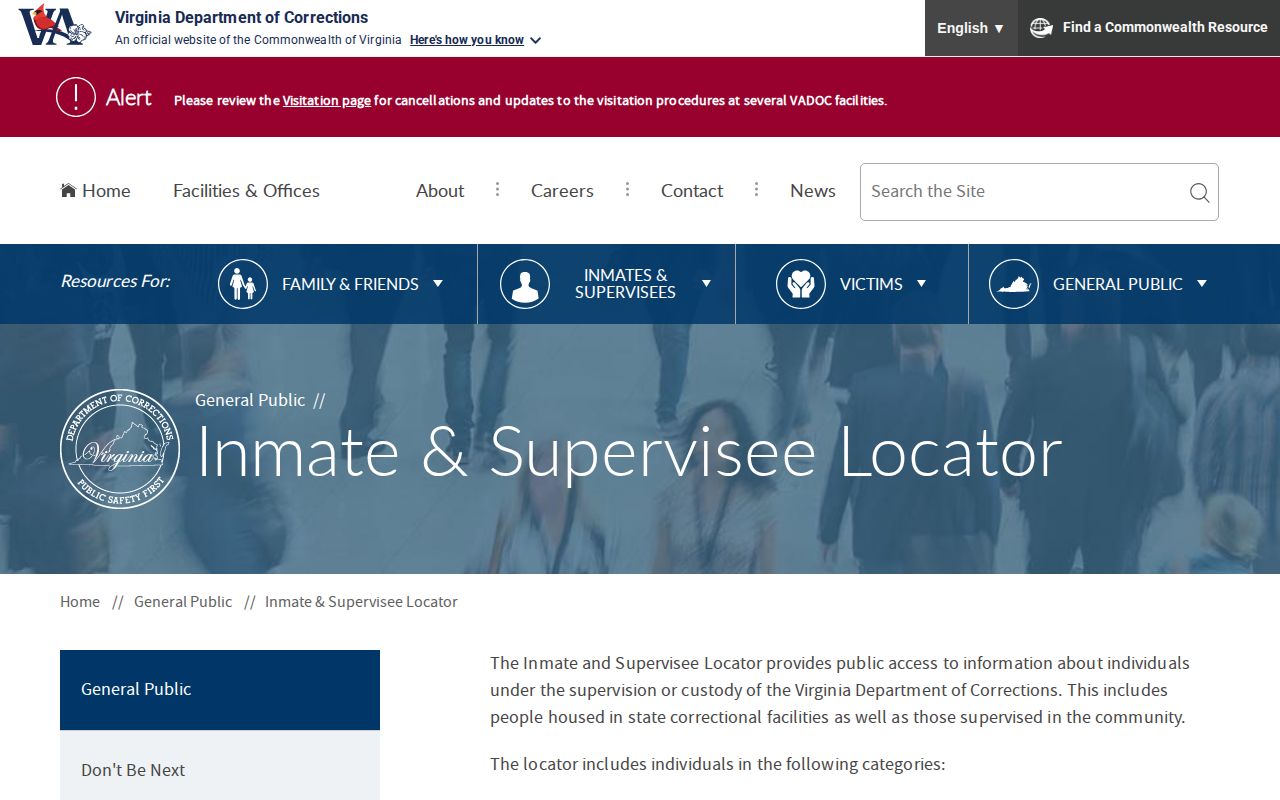 Virginia Department of Corrections Inmate and Supervisee Locator search page